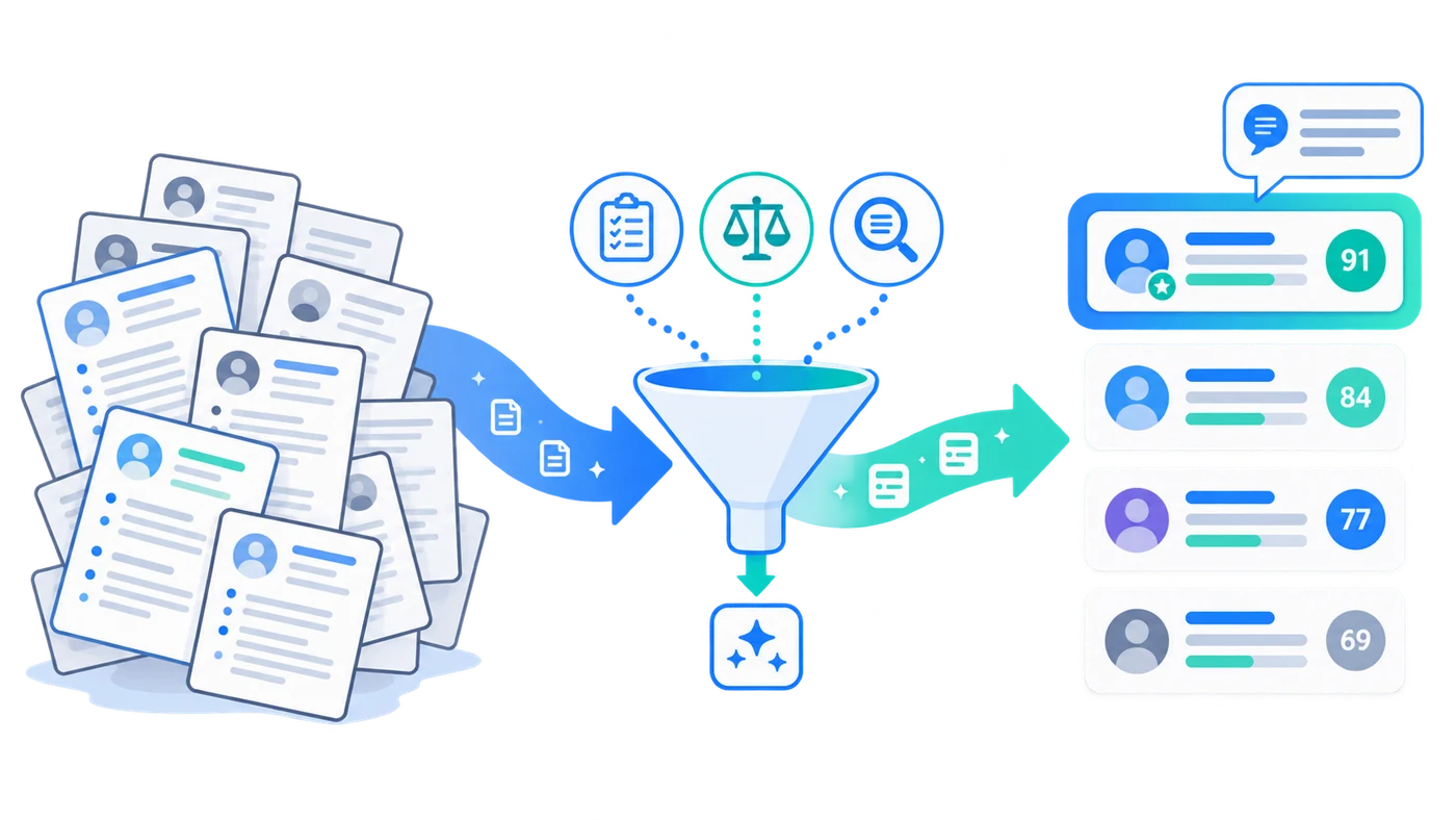 Diagram: a pile of CVs flows through consistent evaluation criteria — a checklist, a balance scale, and evidence search — and becomes a ranked shortlist of scored candidates